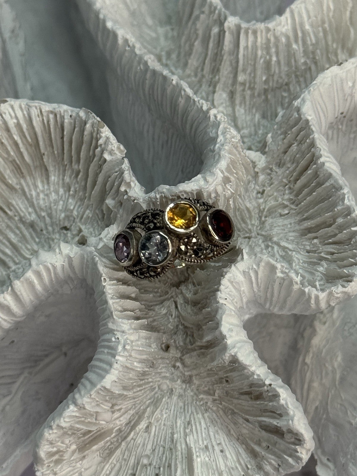925 Sterling Silver Garnet, Citrine, Topaz, Amethyst & Marcasite Ring Size 5.5