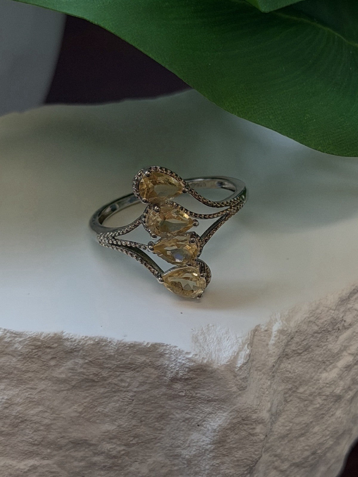 925 Sterling Silver Pear Cut 4 Stones Yellow Citrine Ring Size 10
