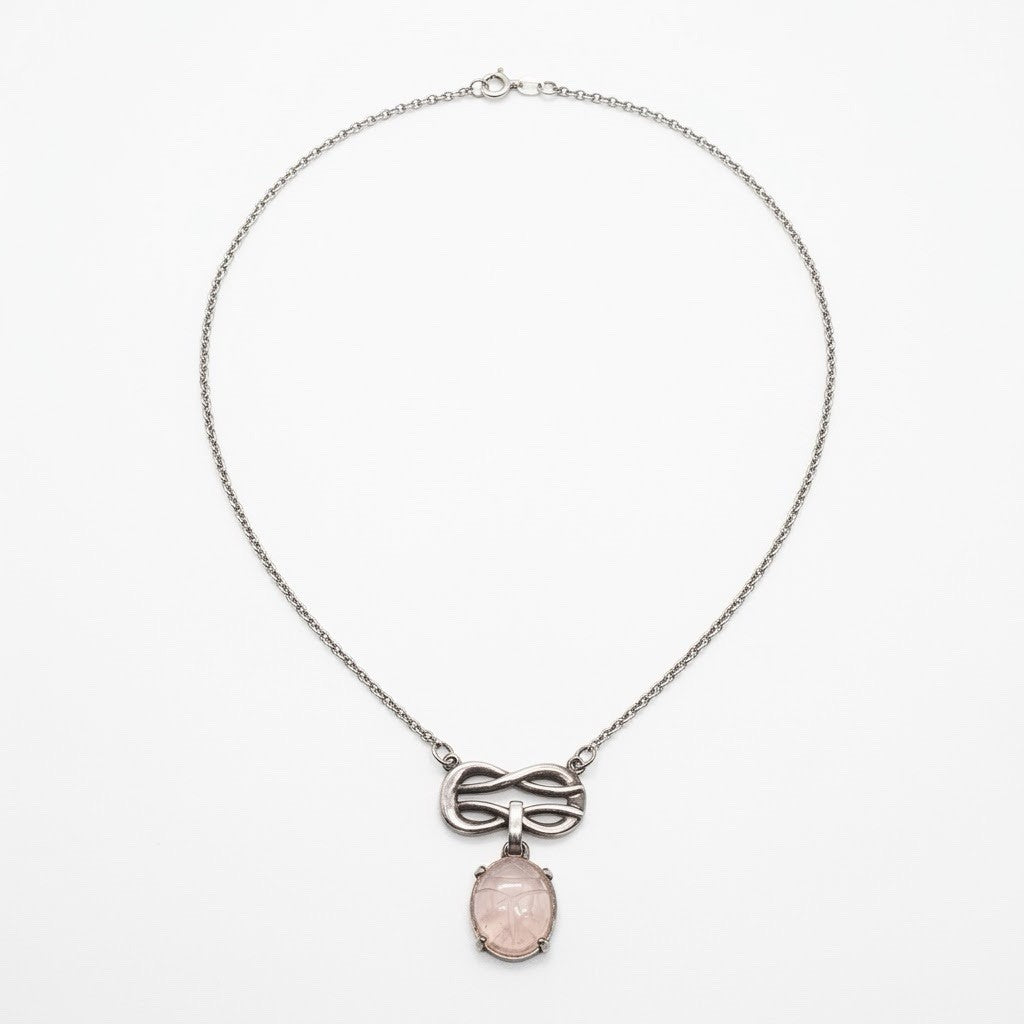 Vintage 925 Sterling Silver Rose Quartz Scarab Necklace Art Nouveau Infinity