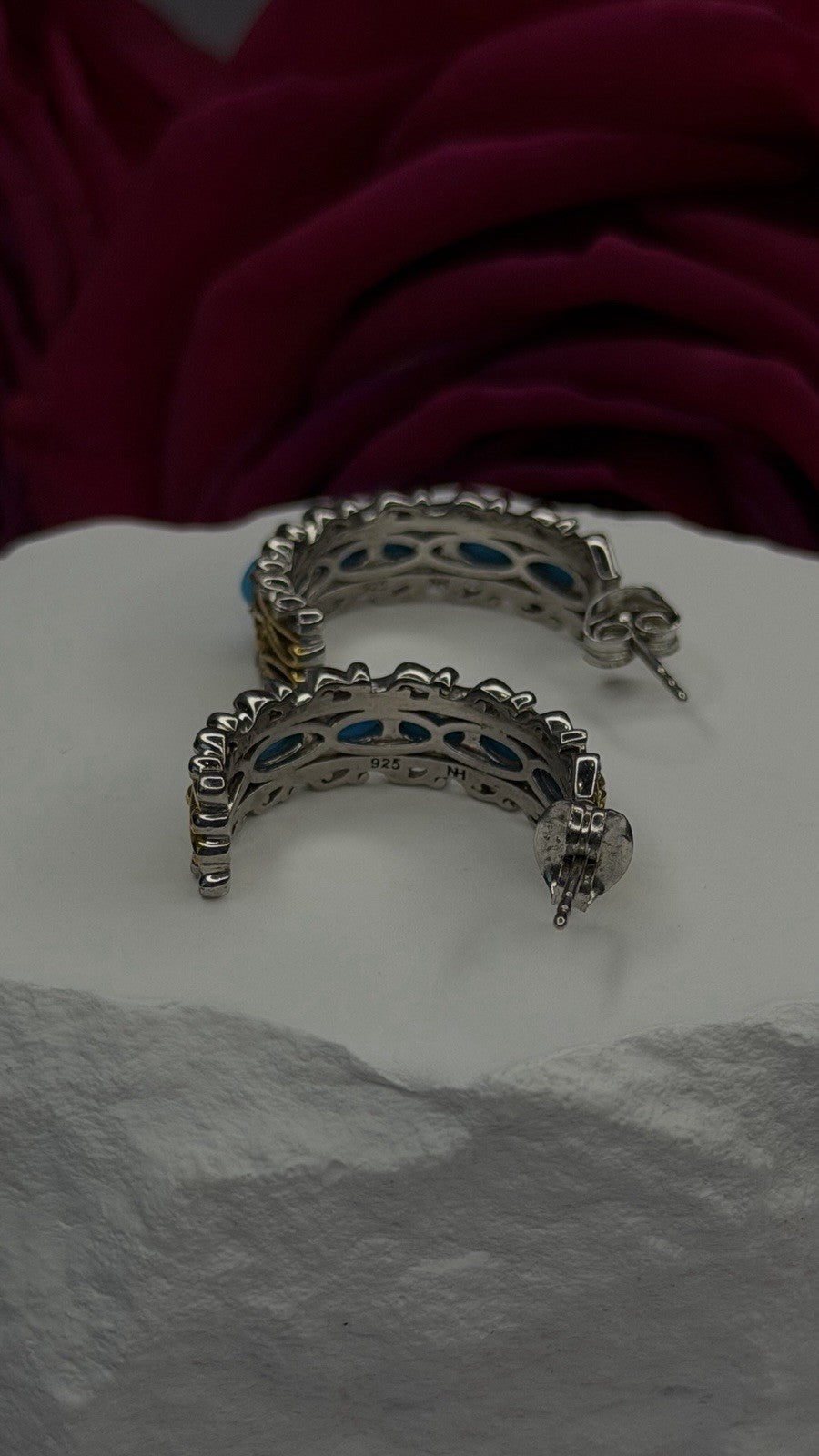 925 Sterling Silver Gold Plated Part Blue Turquoise Earrings