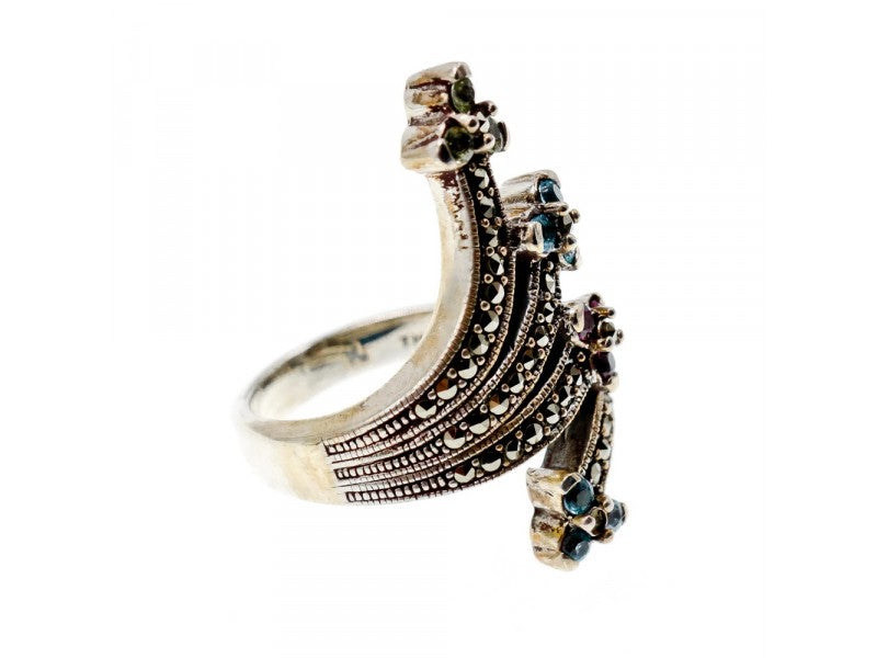 925 Sterling Silver Peridot, Topaz, Spinel & Marcasites Ring Size 6