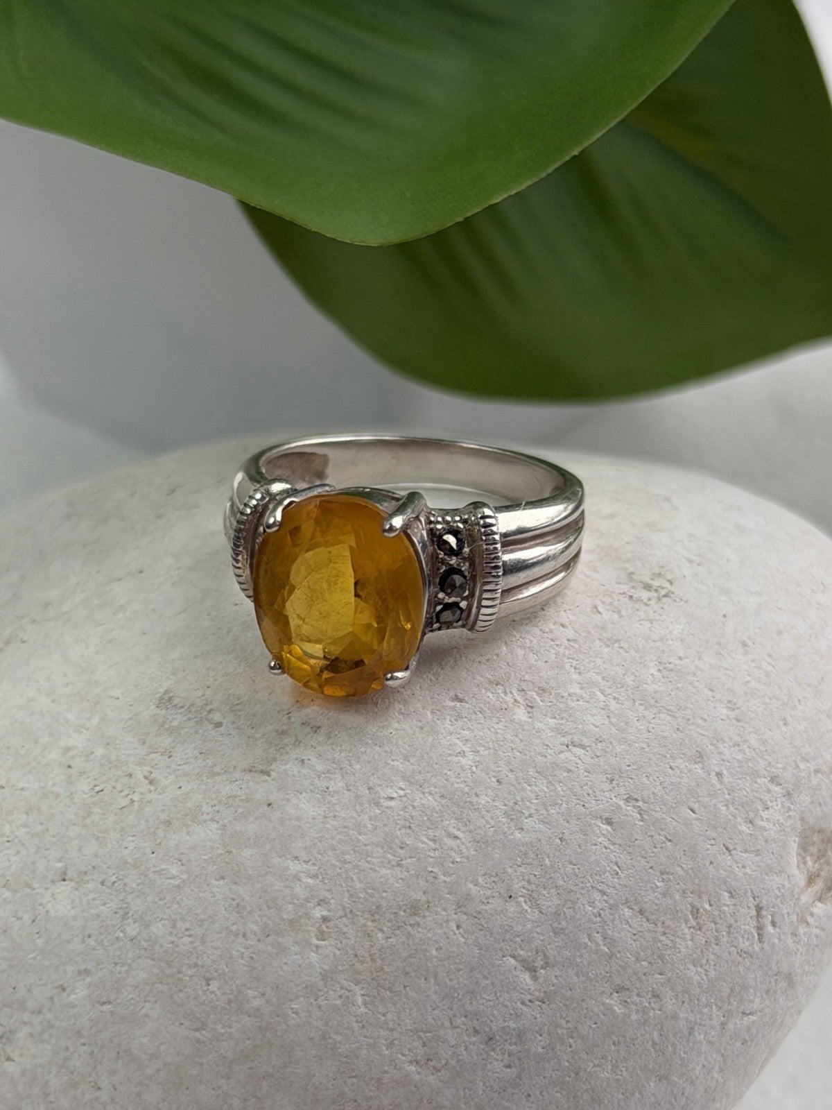 925 Sterling Silver Citrine & Marcasite Ring Size 8