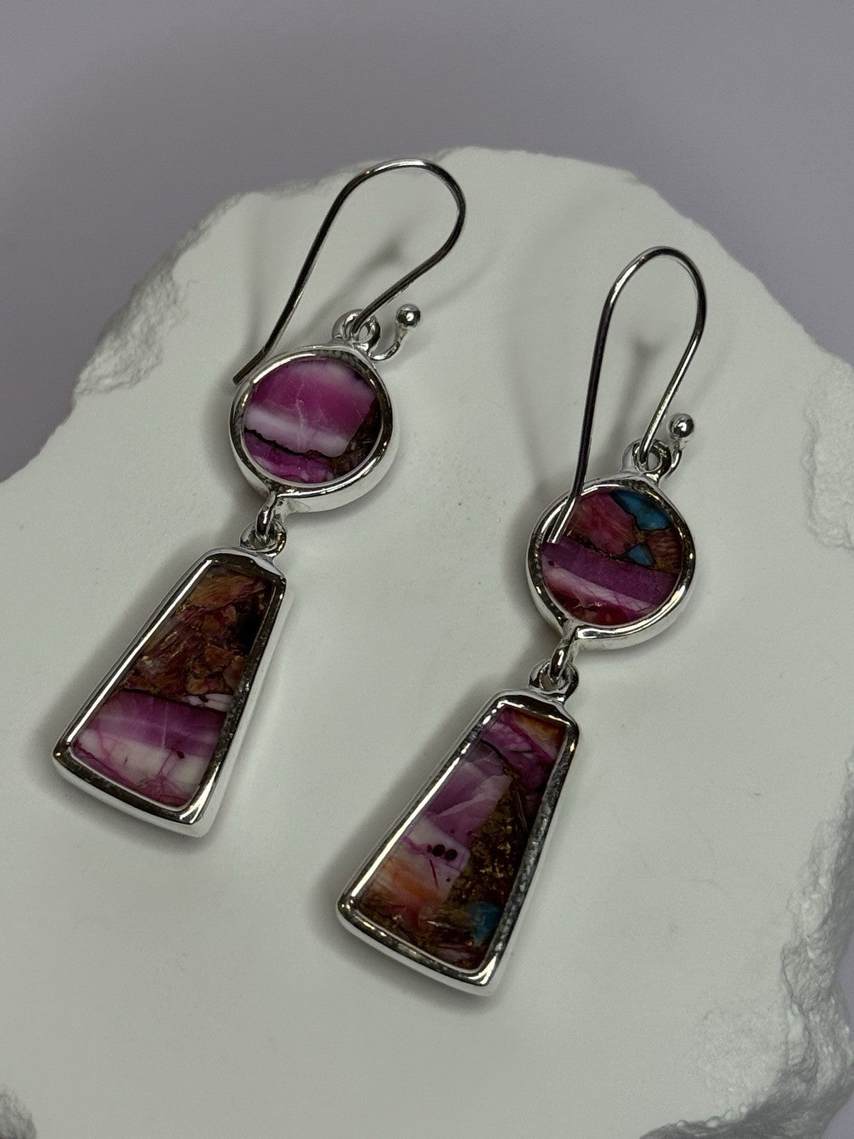 925 Sterling Silver Pink Oyster Turquoise Earrings Length 2 Inch