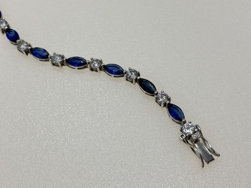 925 Sterling Silver Blue Spinel & CZ Bracelet Size 7.5 IN