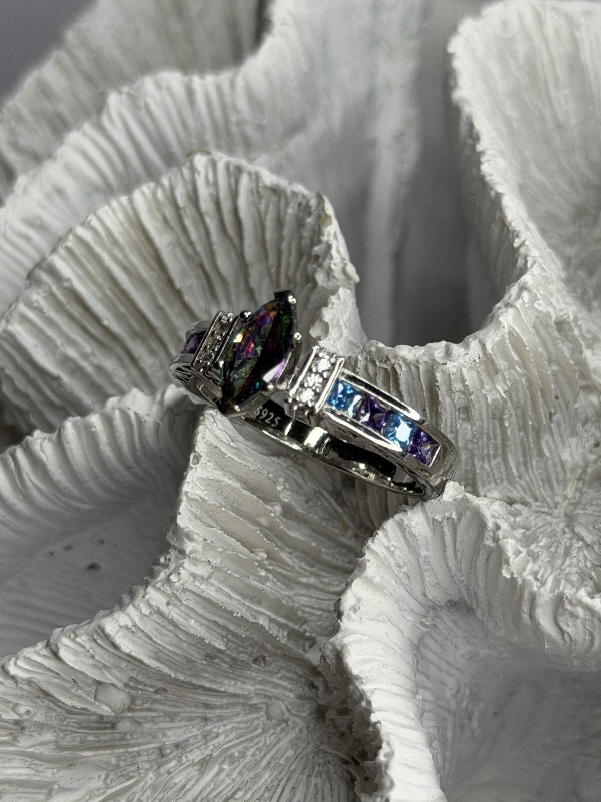 925 Sterling Silver Mystic Topaz Blue Topaz Amethyst Beryl Ring Size 10.5