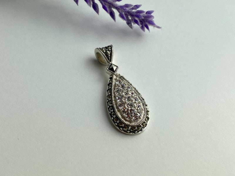 925 Sterling Silver CZ & Marcasite Drop Pendant