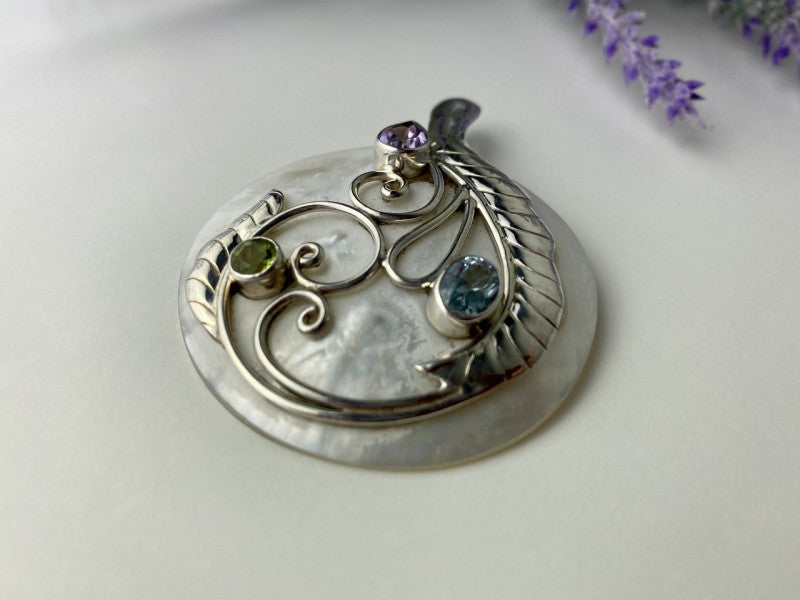925 Sterling Silver Topaz, Amethyst, Peridot, Mother OF Pearl Pendant
