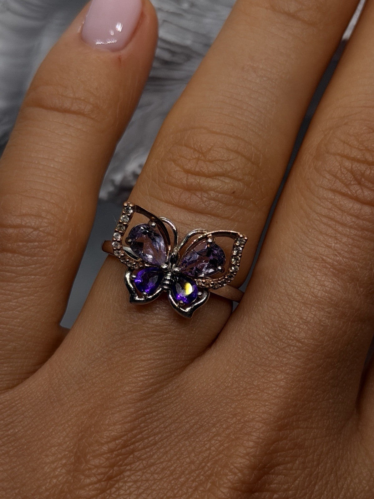 Butterfly 925 Sterling Silver 10K Rose Gold Amethyst  Iolite  Beryl Ring Size 7