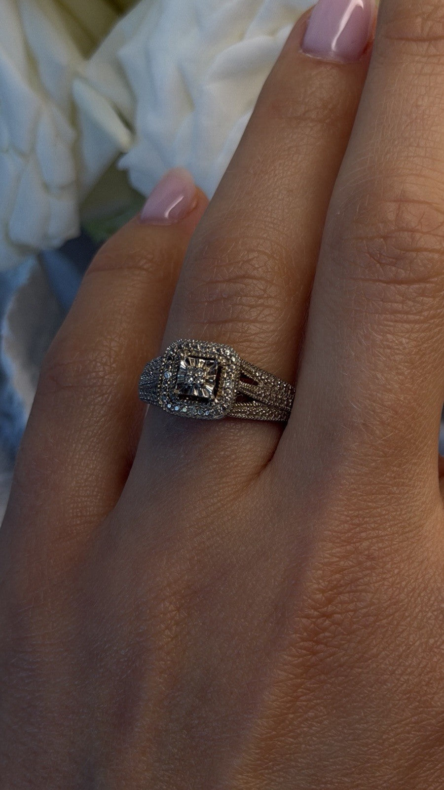 Vintage Princess Cut 925 Sterling Silver Diamonds Ring Size 7