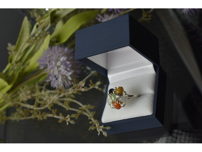 925 Sterling Silver Multicolor Agate, Nephrite & Amber Ring Size 10.25