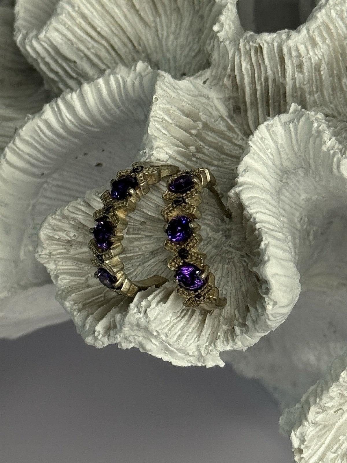 925 Sterling Silver Amethyst & Marcasite Earrings Length 0.80 Inch