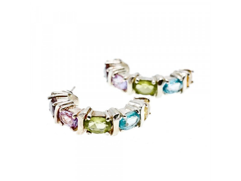 925 Sterling Silver Multi Gemstones Stud Earrings