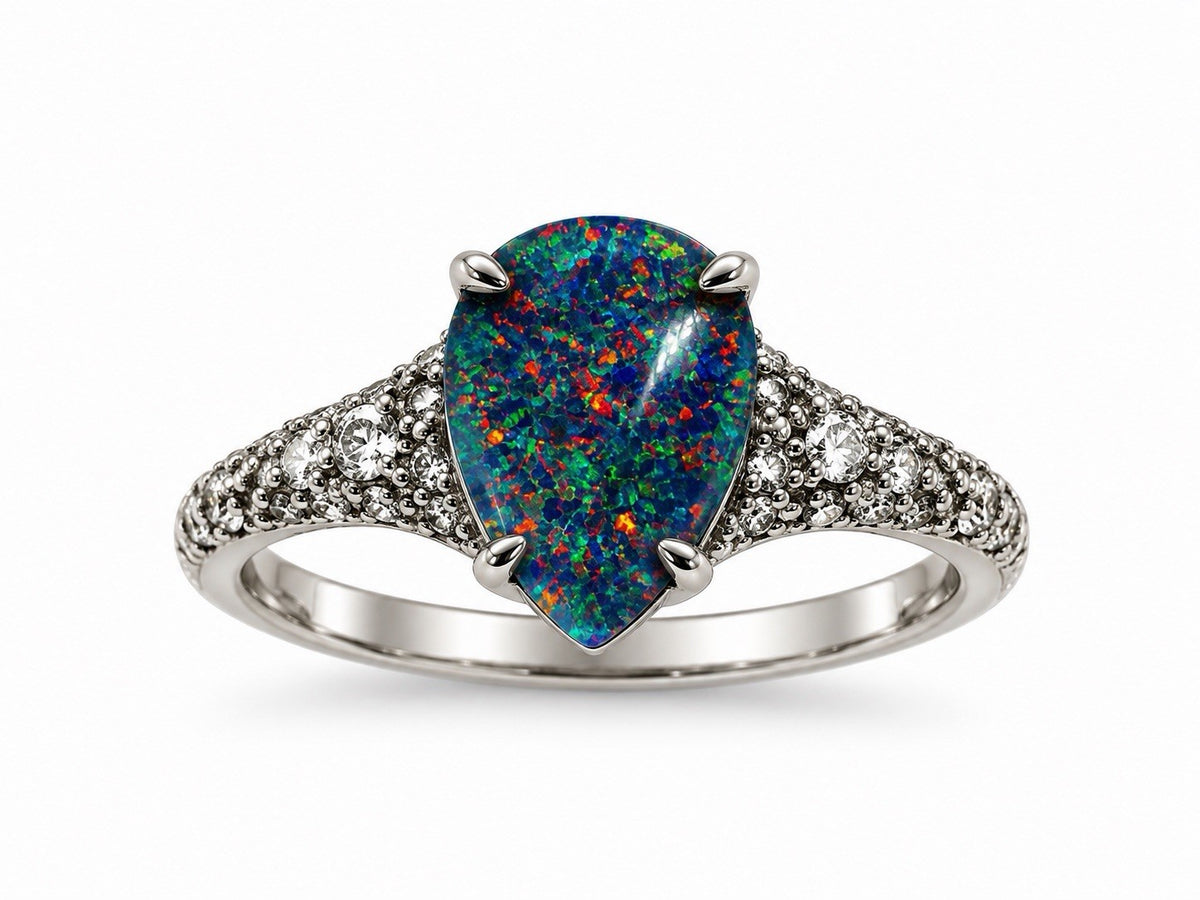 925 Sterling Silver Pear-Shaped Opal & Beryl Ring Size 6
