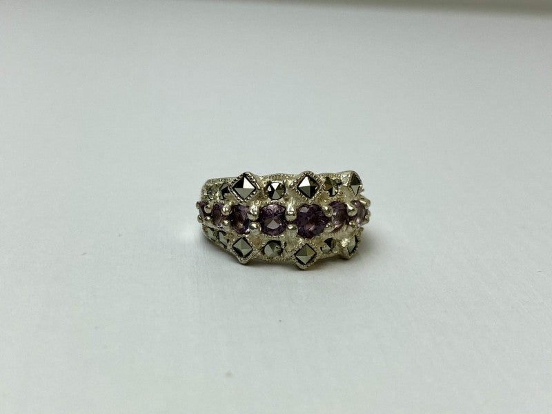 925 Sterling Silver Iolite & Marcasite Ring Size 6.5