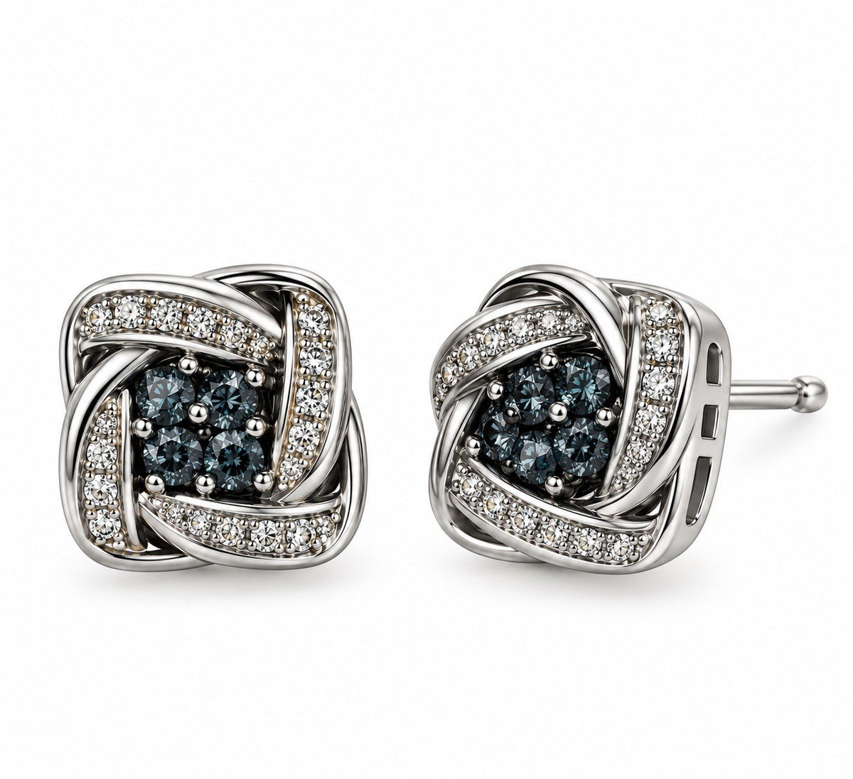 925 Sterling Silver Blue & White Diamond Cluster Stud Earrings Swirl Knot Design