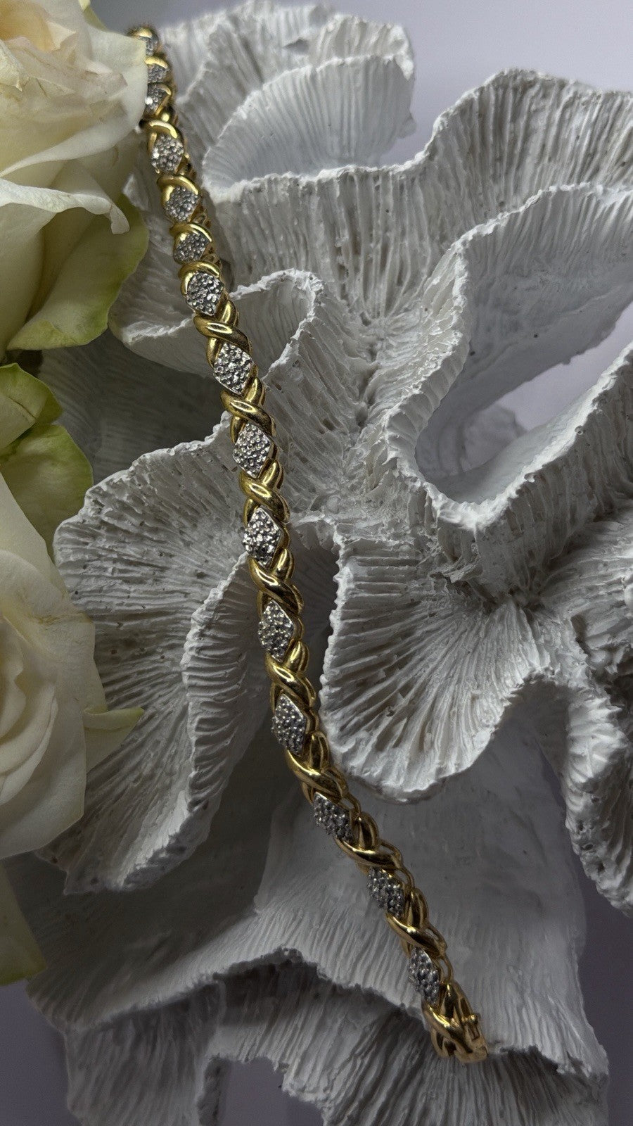 Elegant Tennis 925 Sterling Silver Gold Plated Bracelet Size 8