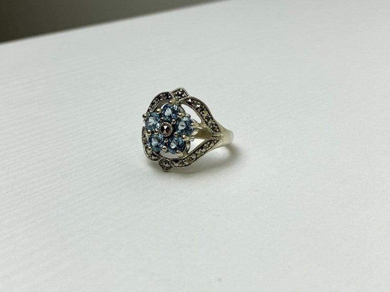 925 Sterling Silver Blue Topaz & Marcasites Ring Size 8