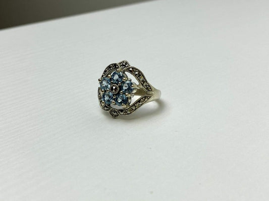 925 Sterling Silver Blue Topaz & Marcasites Ring Size 8