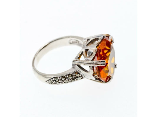 925 Sterling Silver Heliodor & Marcasite "Heart" Ring Size 8.5