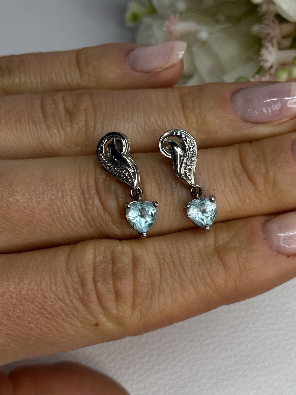 925 Sterling Silver Blue Topaz Heart Earrings Length 0.85 Inch