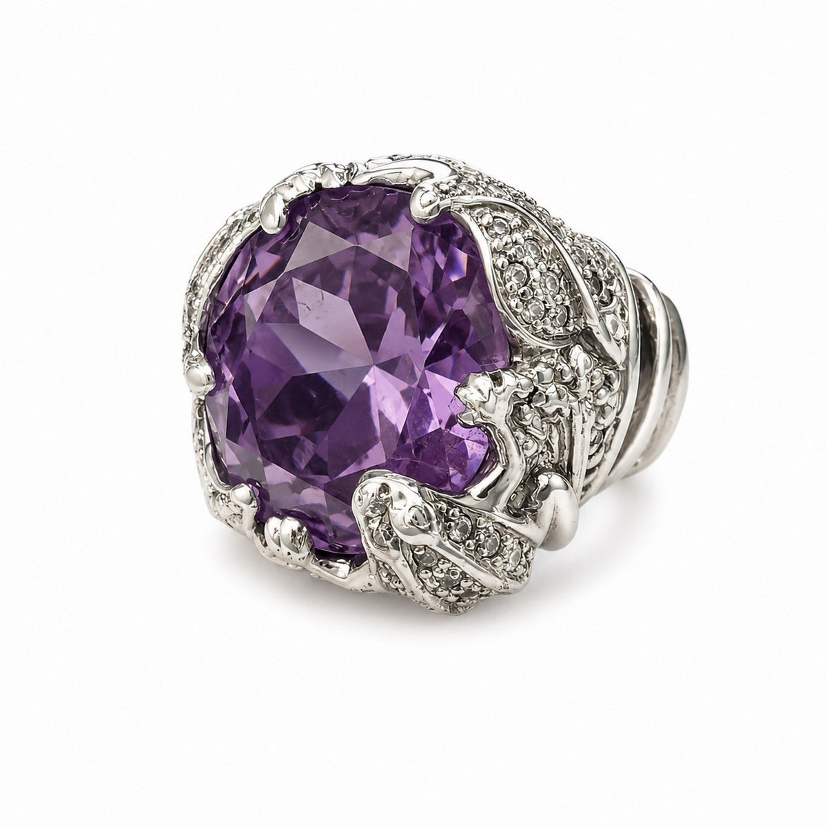 925 Sterling Silver Frog Ring Large Purple Amethyst & White Clear Beryl Size 7