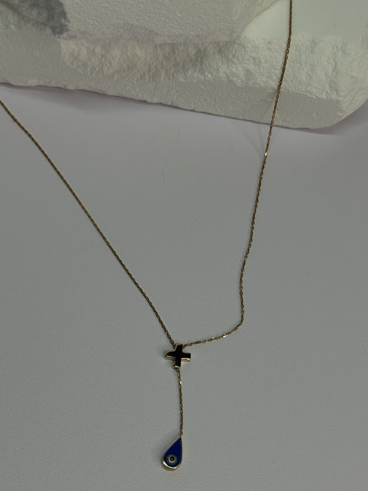 14K YELLOW GOLD CROSS EVIL EYE NECKLACE LENGTH 15 INCH