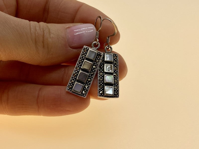 925 Sterling Silver Mother OF Pearl & Marcasites Earrings