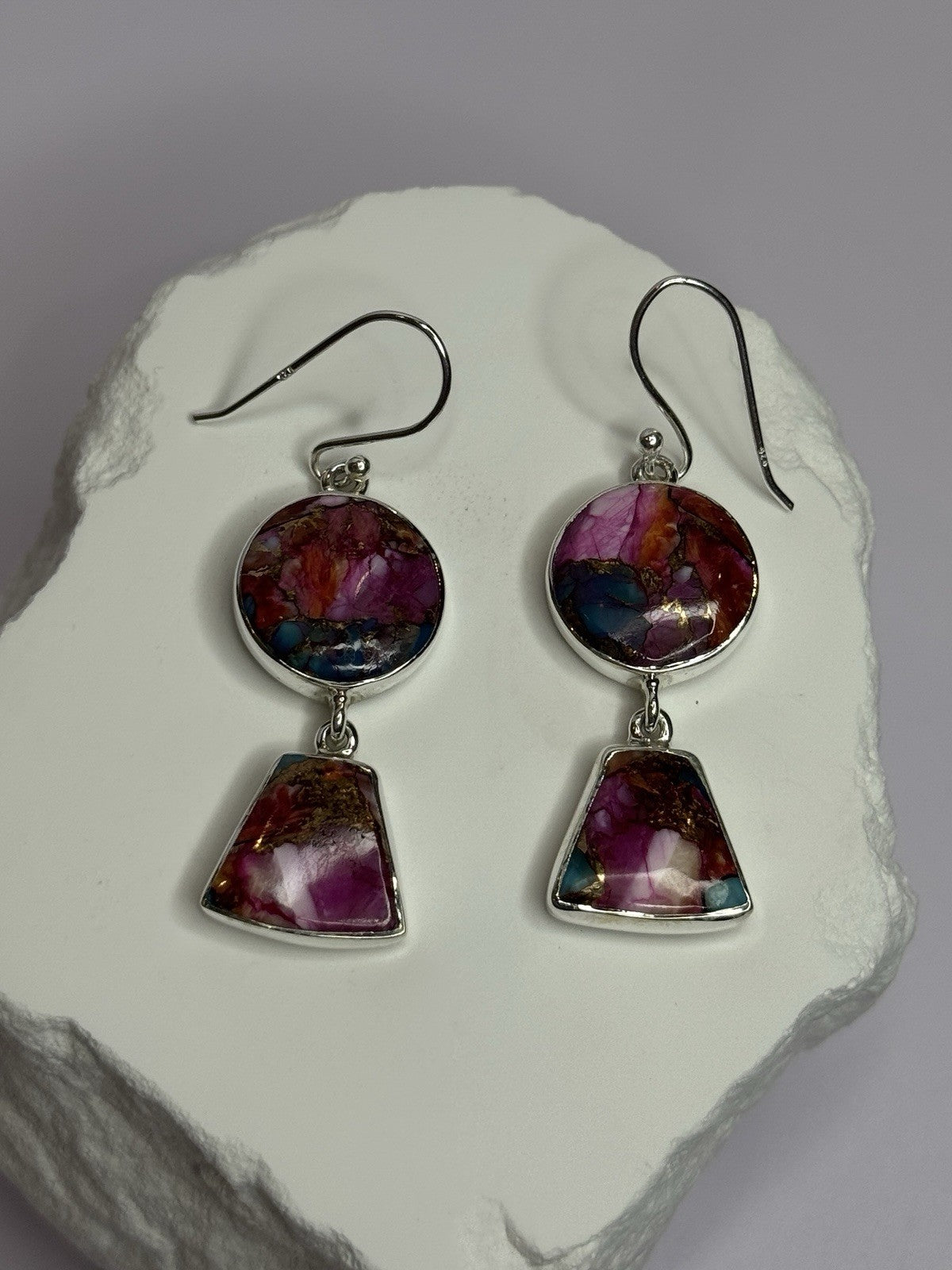 925 Sterling Silver Pink Oyster Turquoise Earrings Length 2 Inch