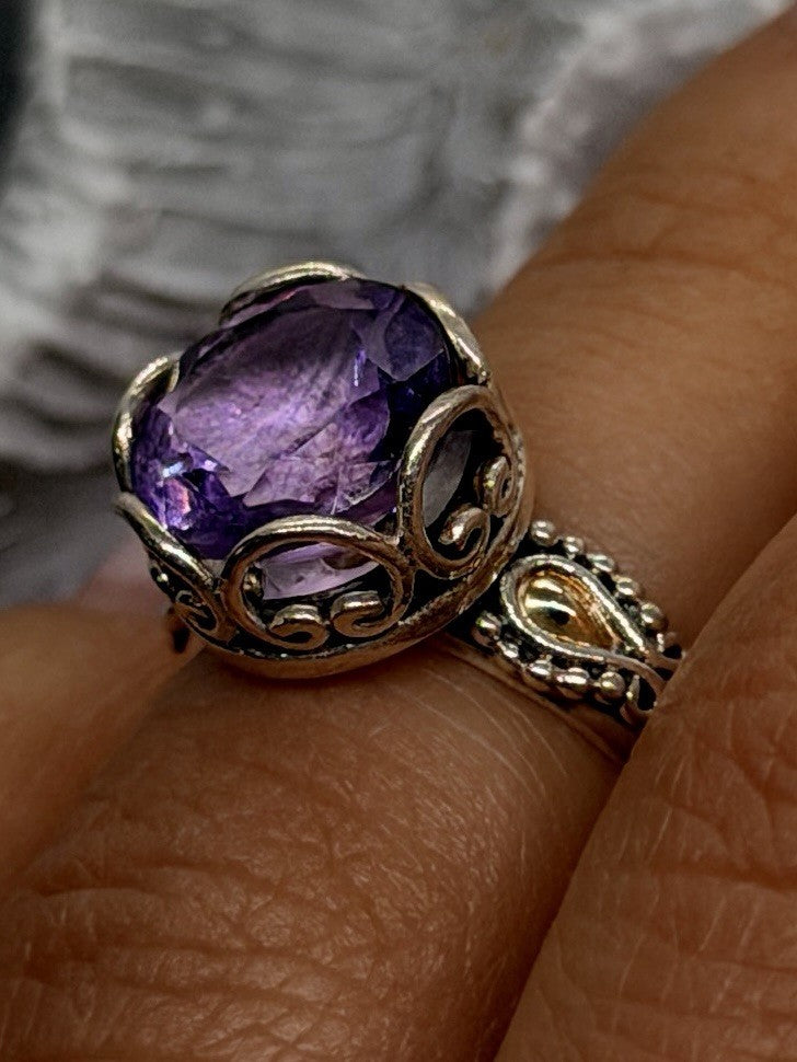 925 Sterling Silver & 18K Yellow Gold Part Amethyst Ring Size 5