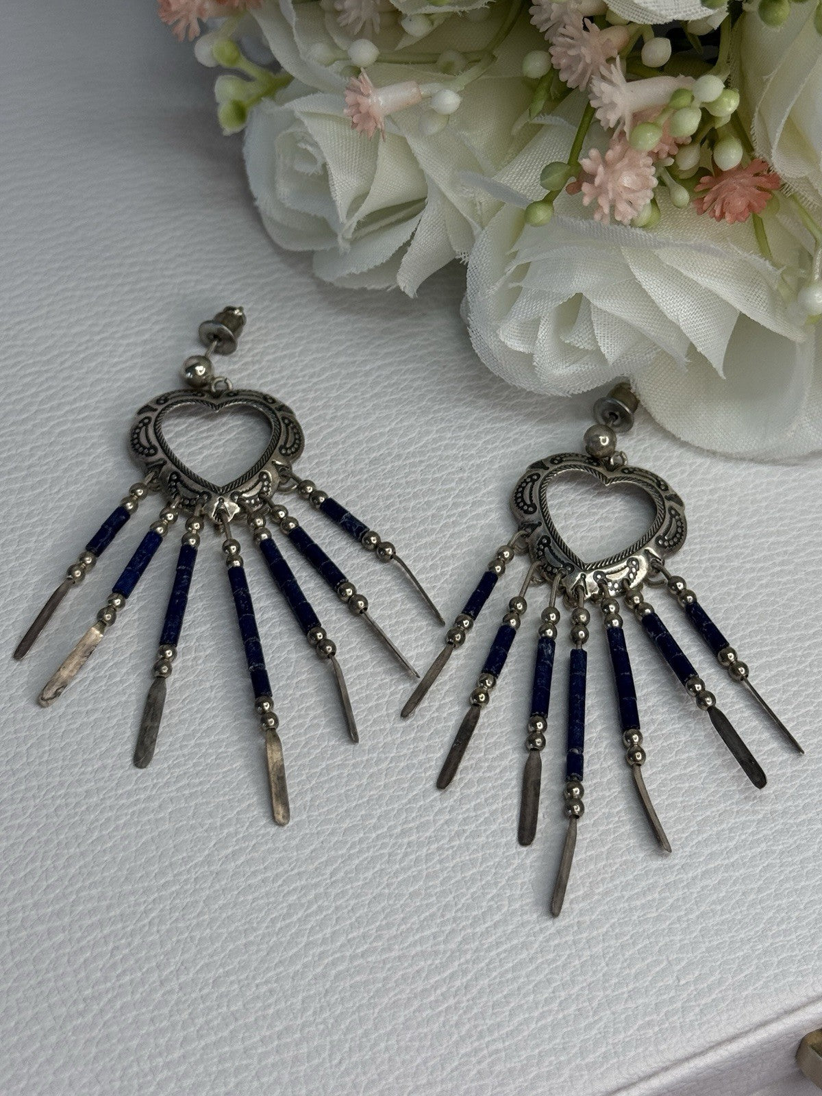 Vintage Native American 925 Sterling Silver Lapis Earrings Length 2.50 Inch