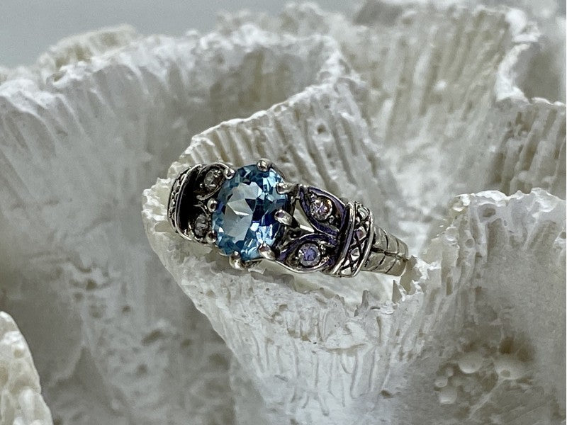 925 Sterling Silver Blue Spinel & CZ Ring Size 6.5
