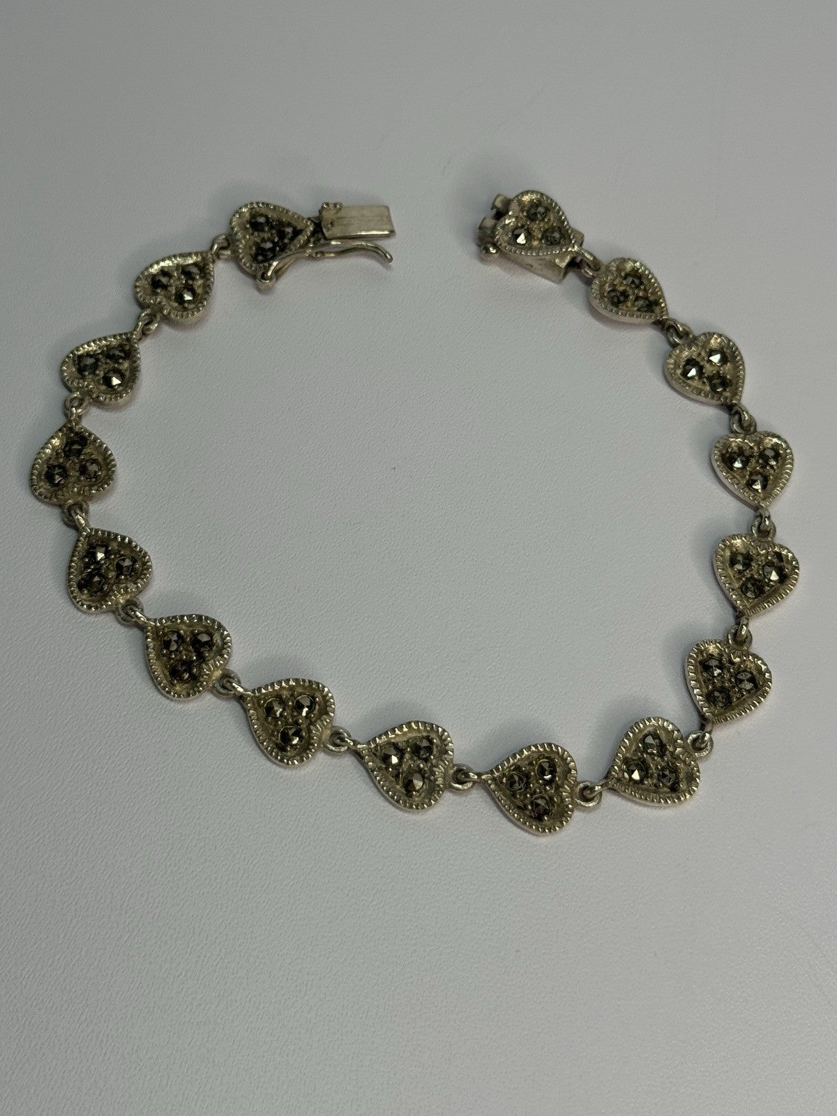 Vintage 925 Sterling Silver Marcasite Heart Bracelet Length 7 Inch