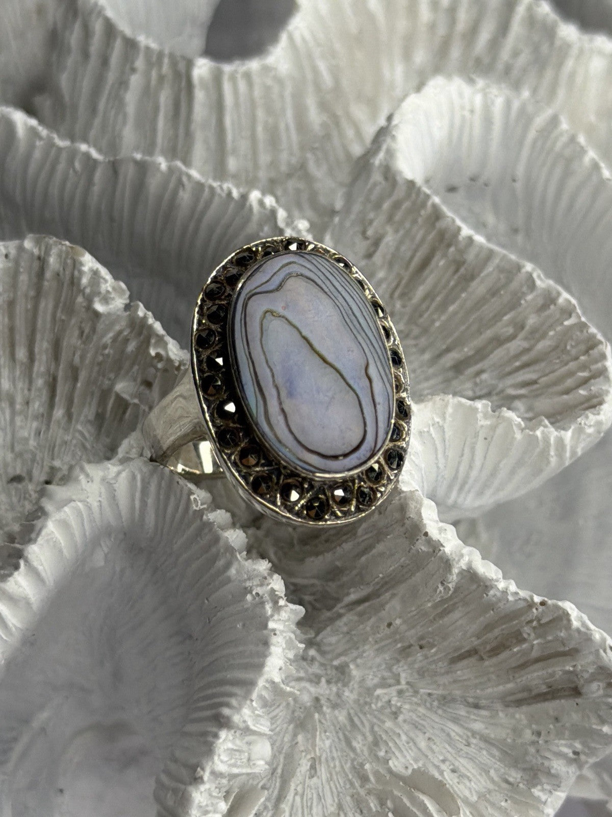 925 Sterling Silver Abalone & Marcasite Ring Size 9