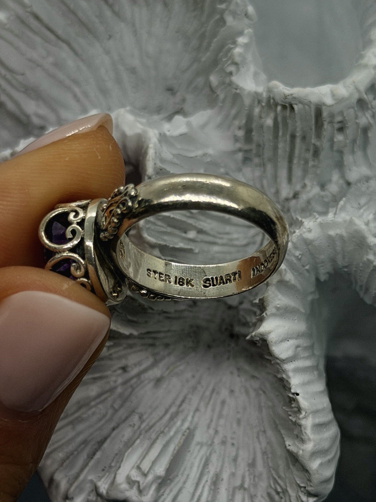 925 Sterling Silver & 18K Yellow Gold Part Amethyst Ring Size 5