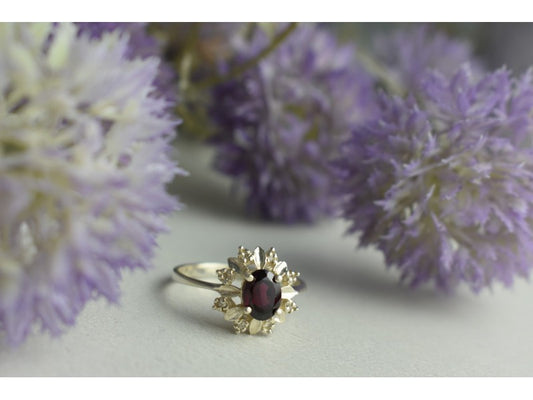 925 Sterling Silver Rubellite & CZ Ring Size 11
