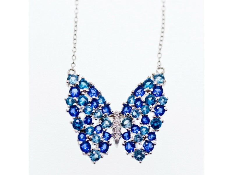 925 Sterling Silver Aquamarine & Tourmaline "Butterfly" Necklace