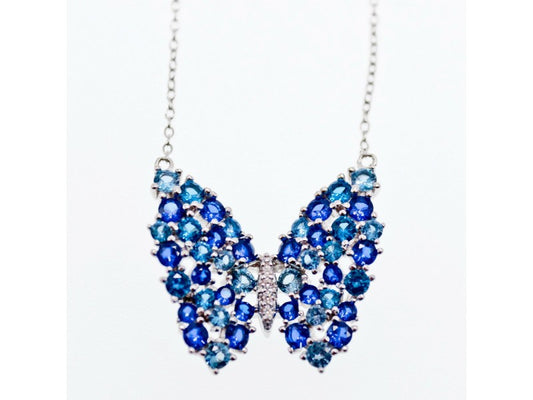 925 Sterling Silver Aquamarine & Tourmaline "Butterfly" Necklace