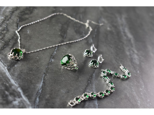 925 Sterling Silver Green CZ "Imitation Emerald" Set