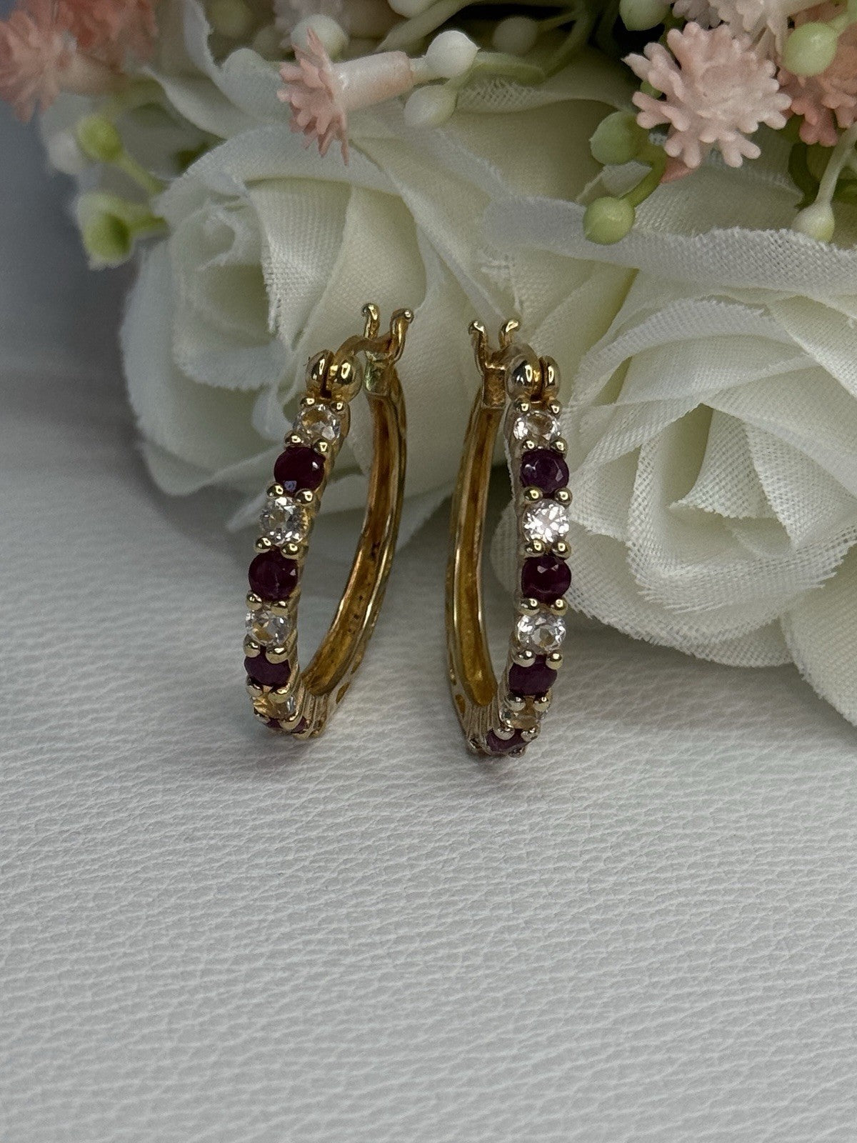 925 Sterling Silver Gold Plated Ruby & Beryl Earrings Length 1.10 Inch