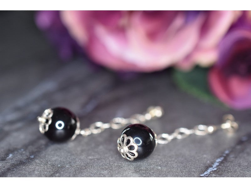 925 Sterling Silver Black Agate "Balls" Stud Earrings