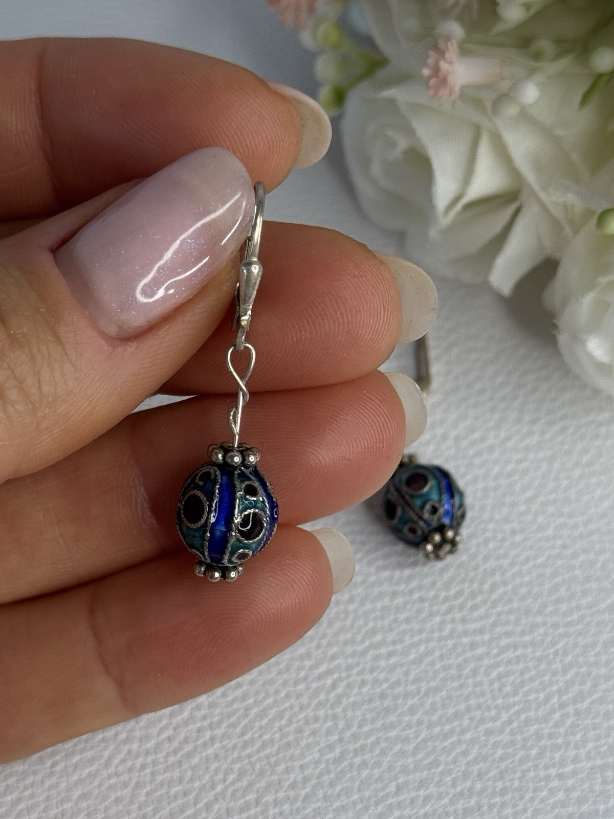 Antique Art Deco 925 Sterling Silver Unique Enamel Earrings Length 1.50 Inch