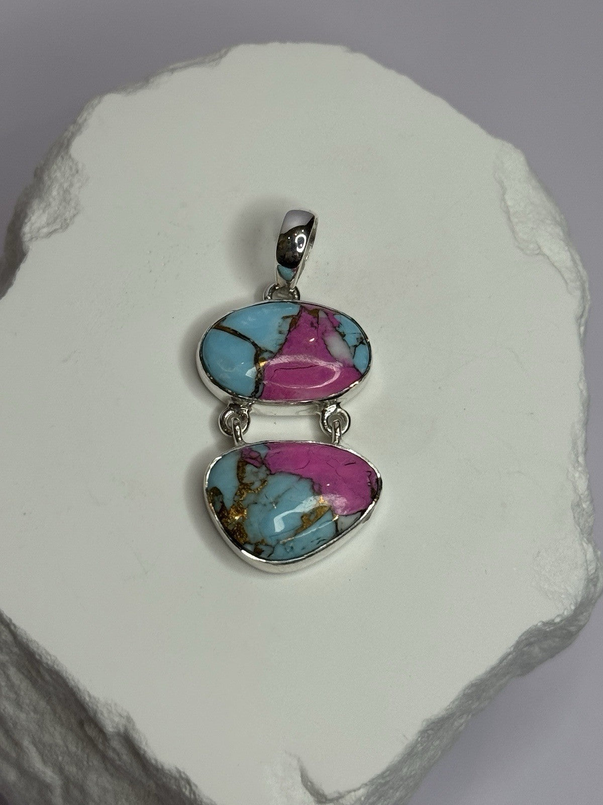 925 Sterling Silver Cotton Candy Turquoise Pendant Length 1.5 Inch