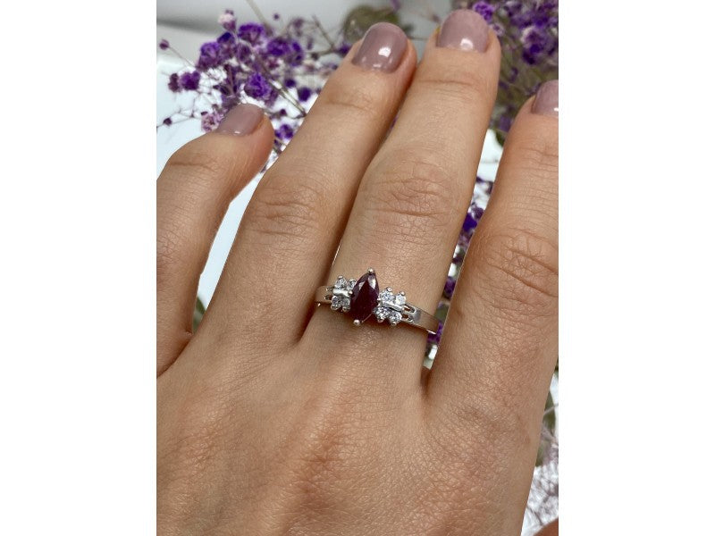 925 Sterling Silver Rubellite & CZ Ring Size 9
