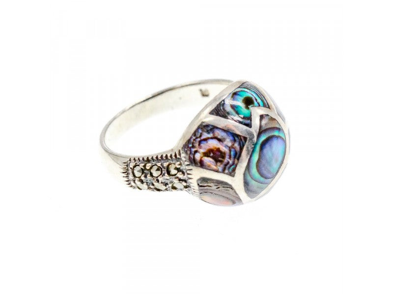 925 Sterling Silver Haliotis & Marcasites Ring Size 8.5