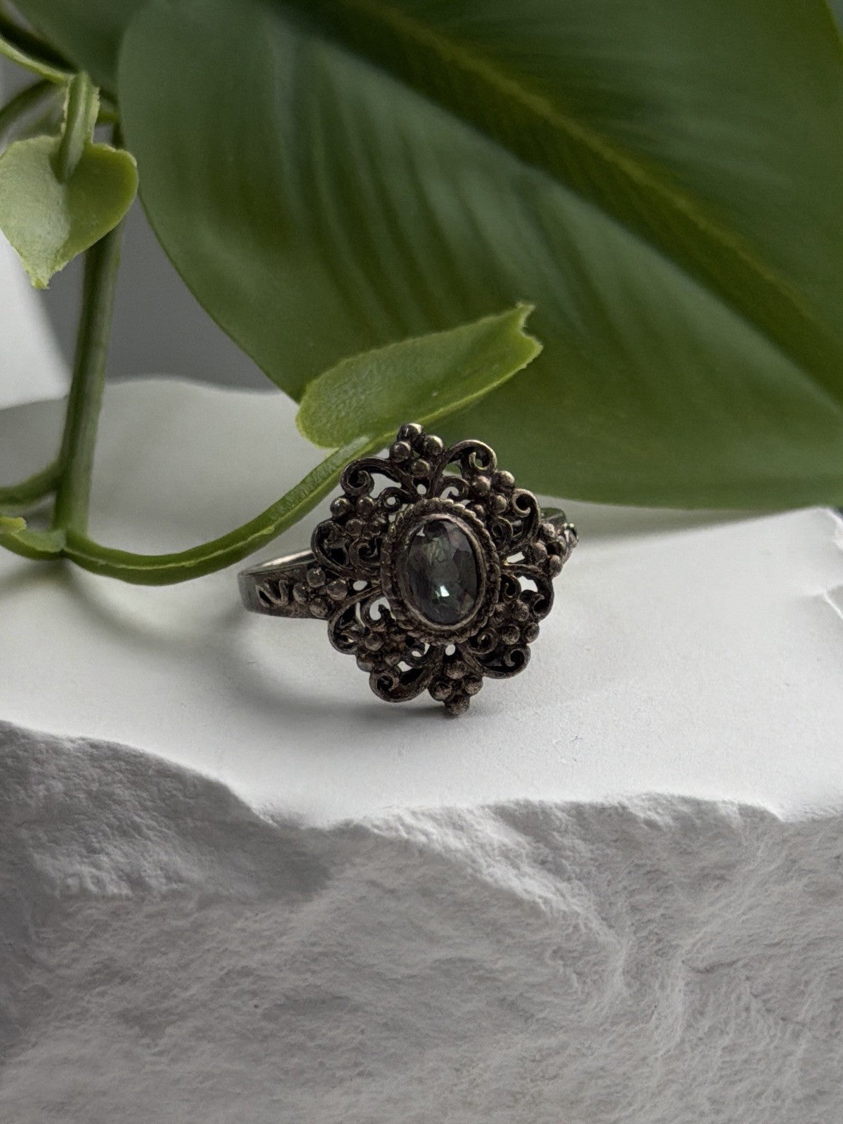 Vintage Filigree 925 Sterling Silver Mystic Topaz Ring Size 7.5