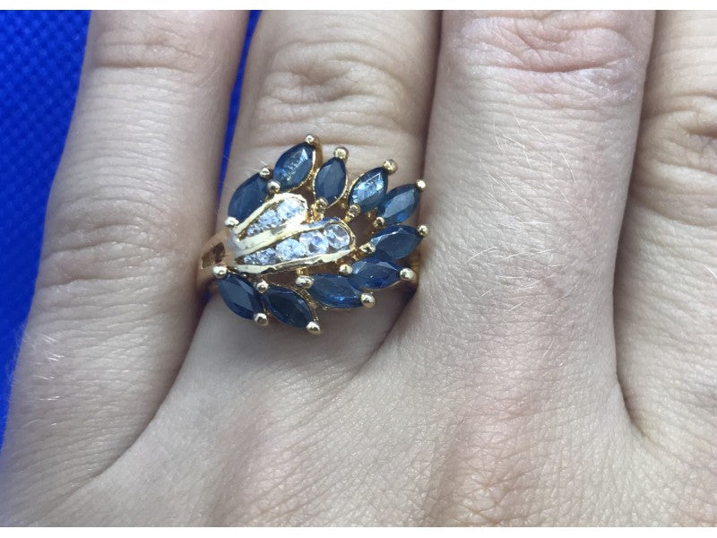 925 Sterling Silver Gold Plated Sapphire & CZ Ring Size 7