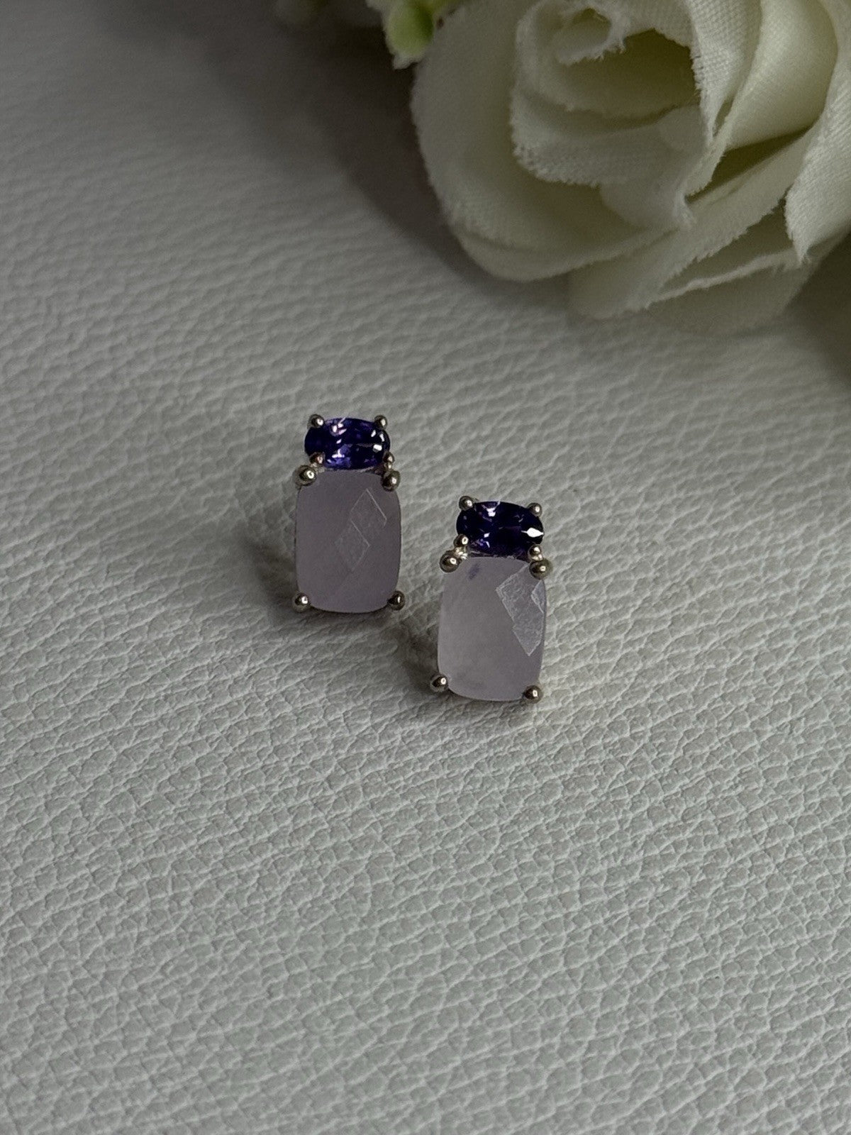 925 Sterling Silver Morganite & Amethyst Earrings Length 0.45 Inch