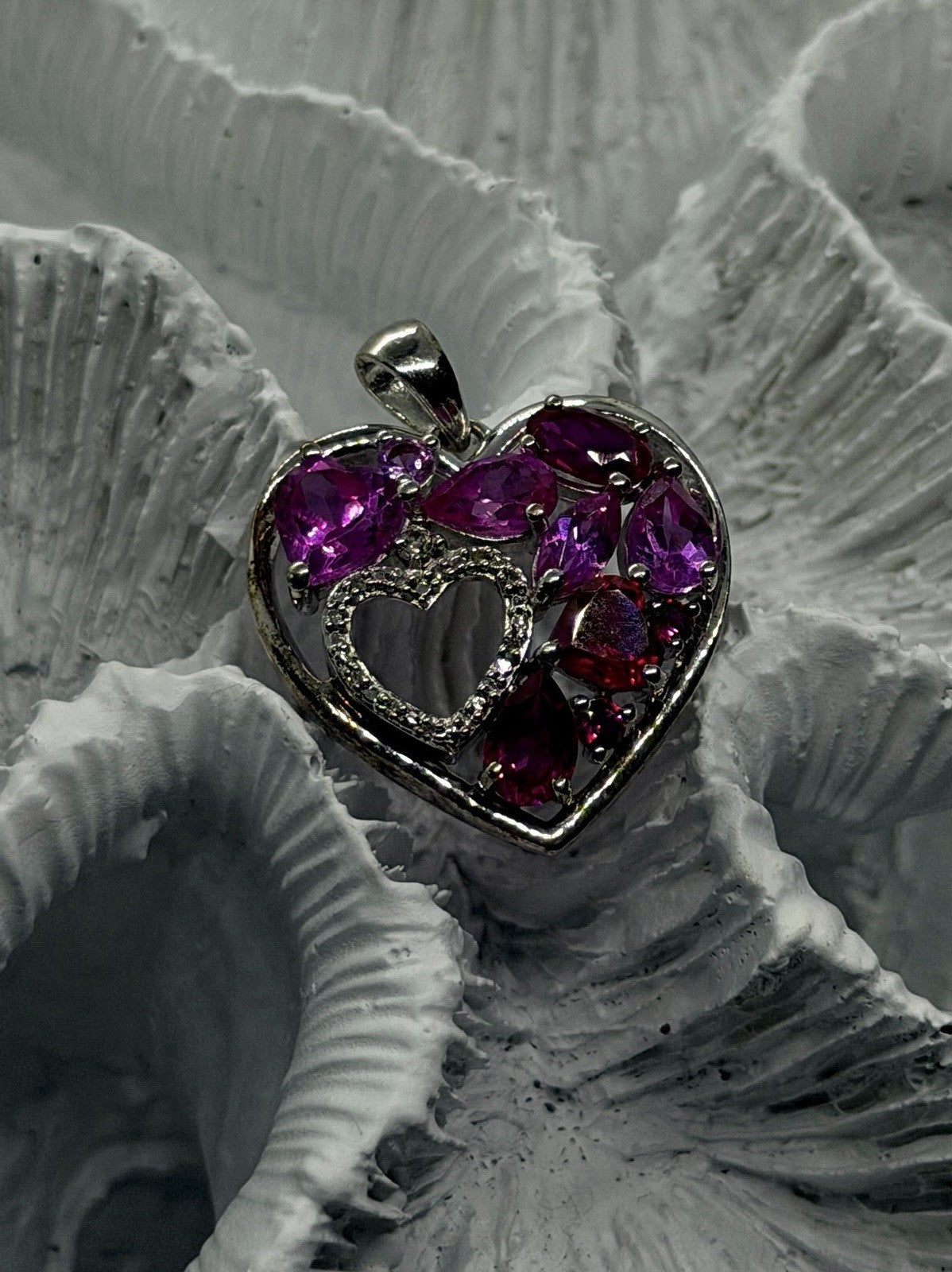 JWBR 925 Sterling Silver Pink Red White Topaz Stone Heart Pendant