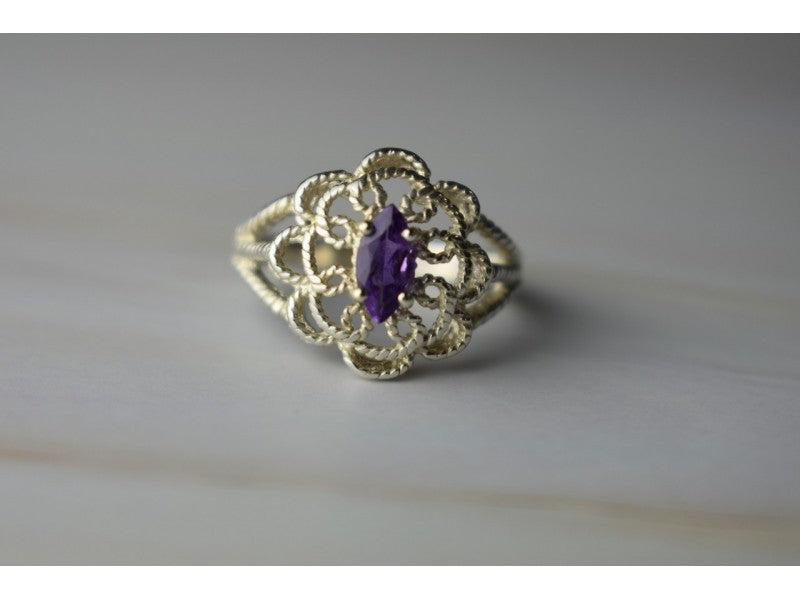 925 Sterling Silver Amethyst "Openwork" Ring Size 8