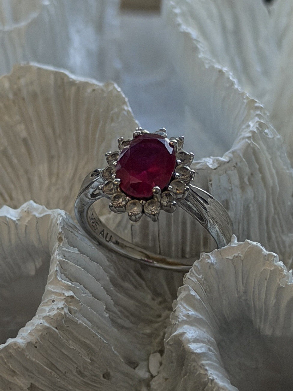 925 Sterling Silver Ruby & Beryl Flower Ring Size 7